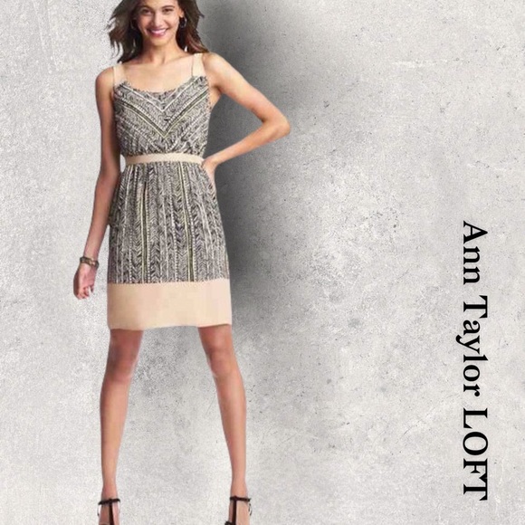 Ann Taylor LOFT Beige Black Sleeveless Tribal Sheath Dress Size 0P Pre-Loved - Picture 7 of 7